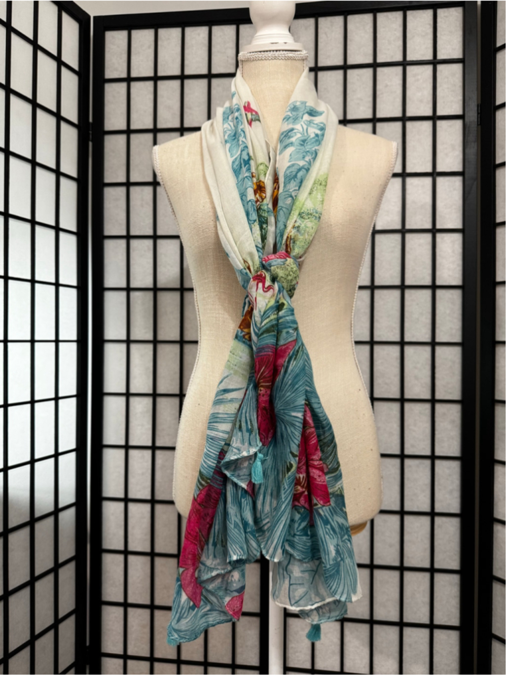 Women's Chico’s Floral Tropical Print Scarf, One Size, White and Teal NWT